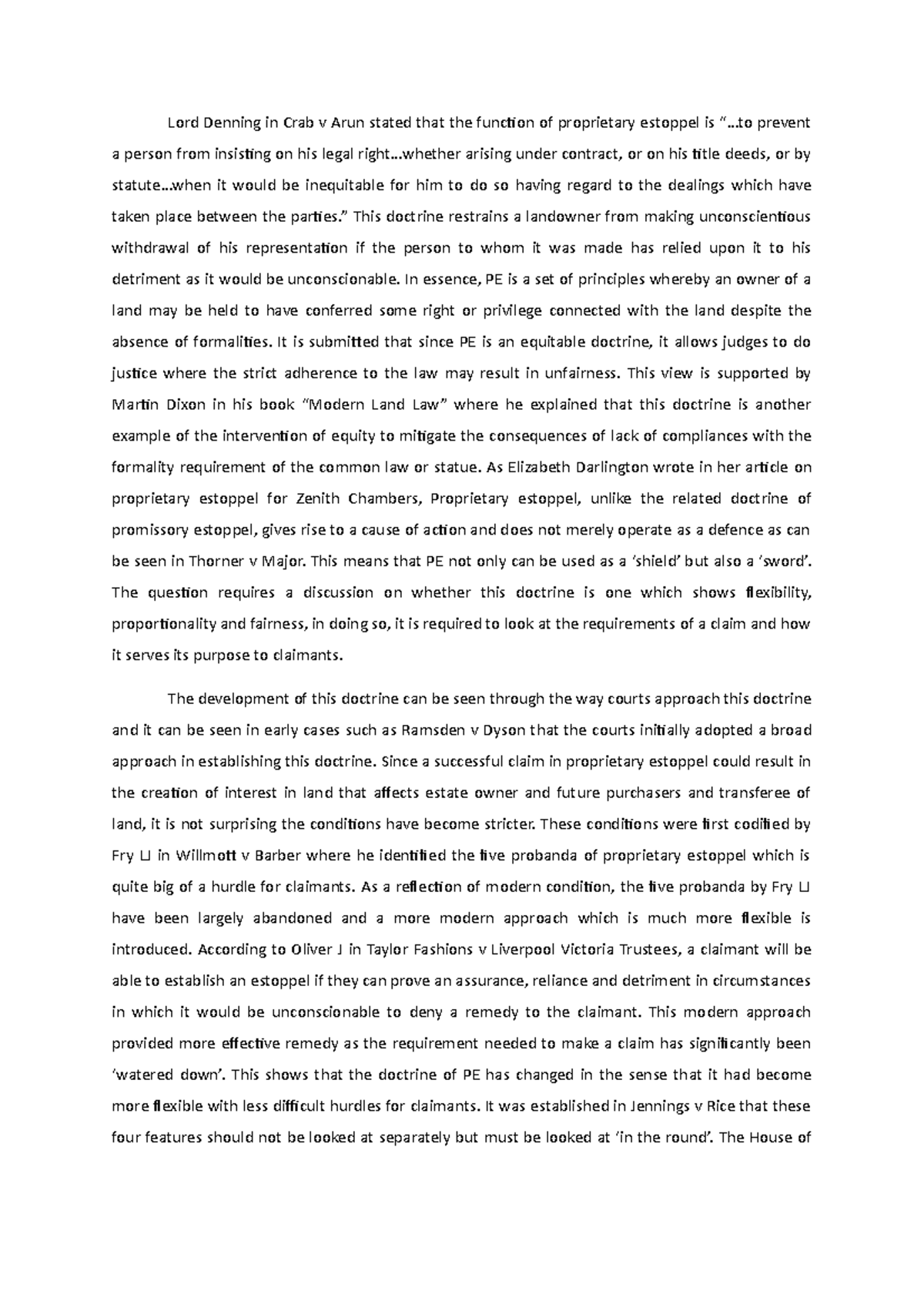 Land Law Essay on Proprietary Estoppel - Studocu