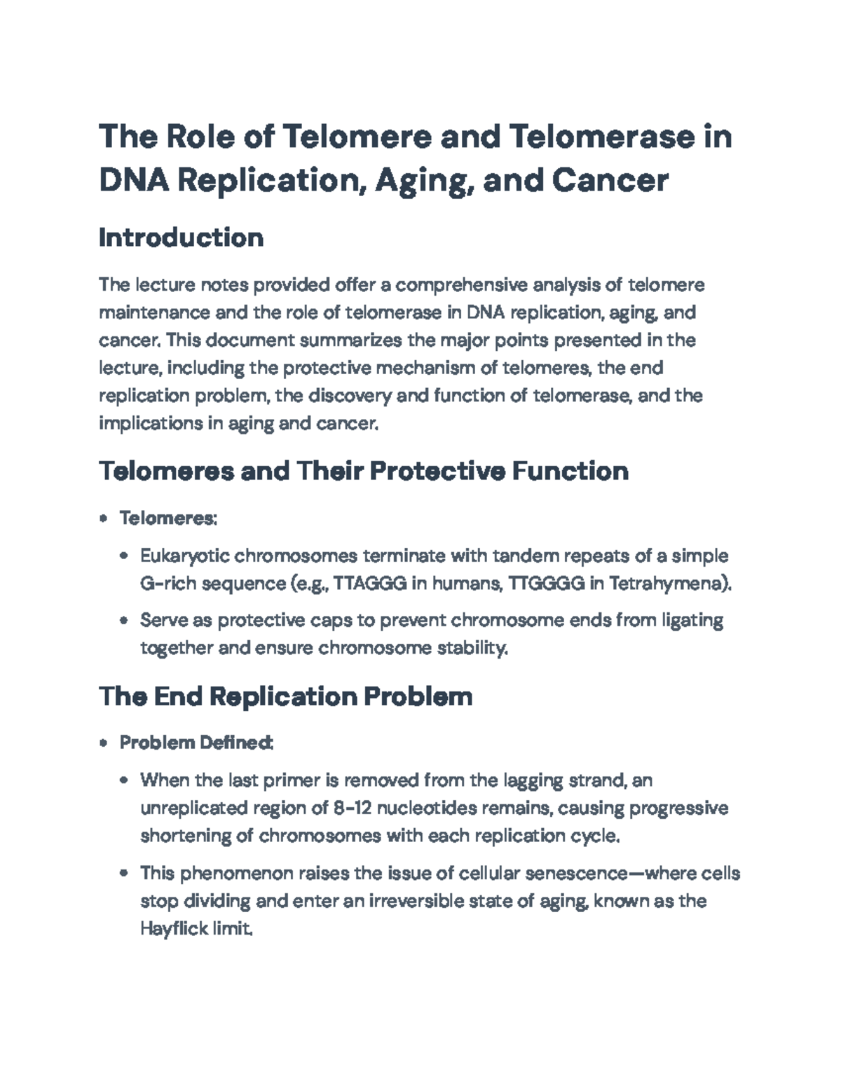 Lecture Notes on Telomeres, Telomerase, and DNA Replication (Bio 101 ...