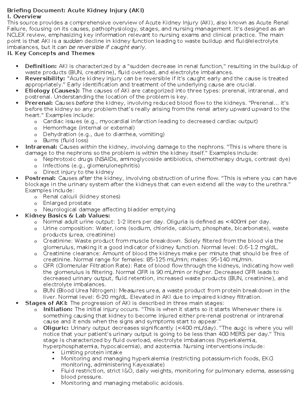Lecture 3: Acute Kidney Injury (AKI) Overview & Study Guide - Studocu