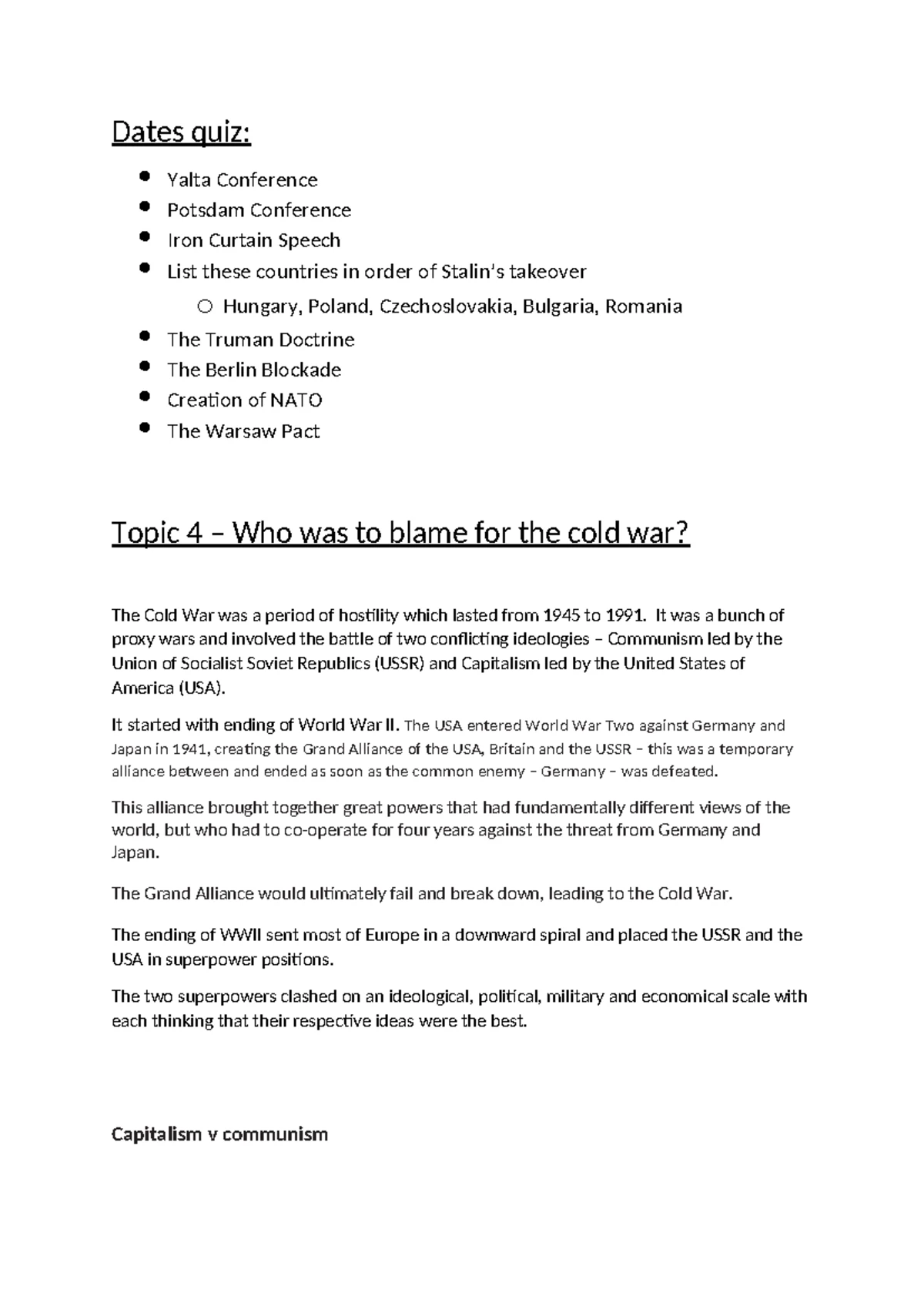 Cold War Part B: Planned Answers for IGCSE History Exam - Studocu