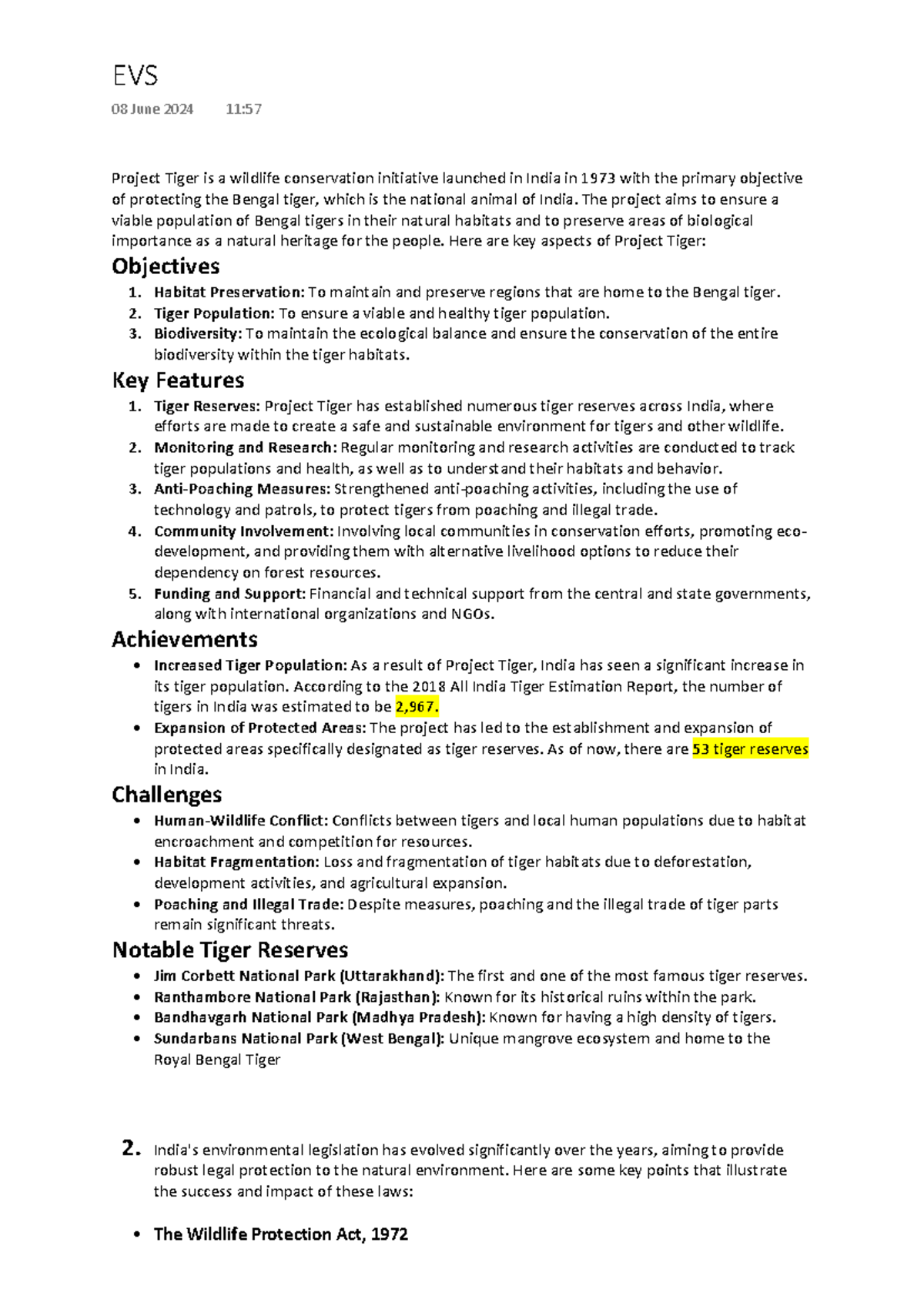 EVS Sem 4: Project Tiger and Wildlife Conservation Overview - Studocu