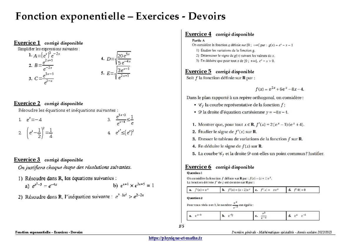 Exercices de Fonction Exponentielle - Devoirs Maths Spécialités 1ère ...