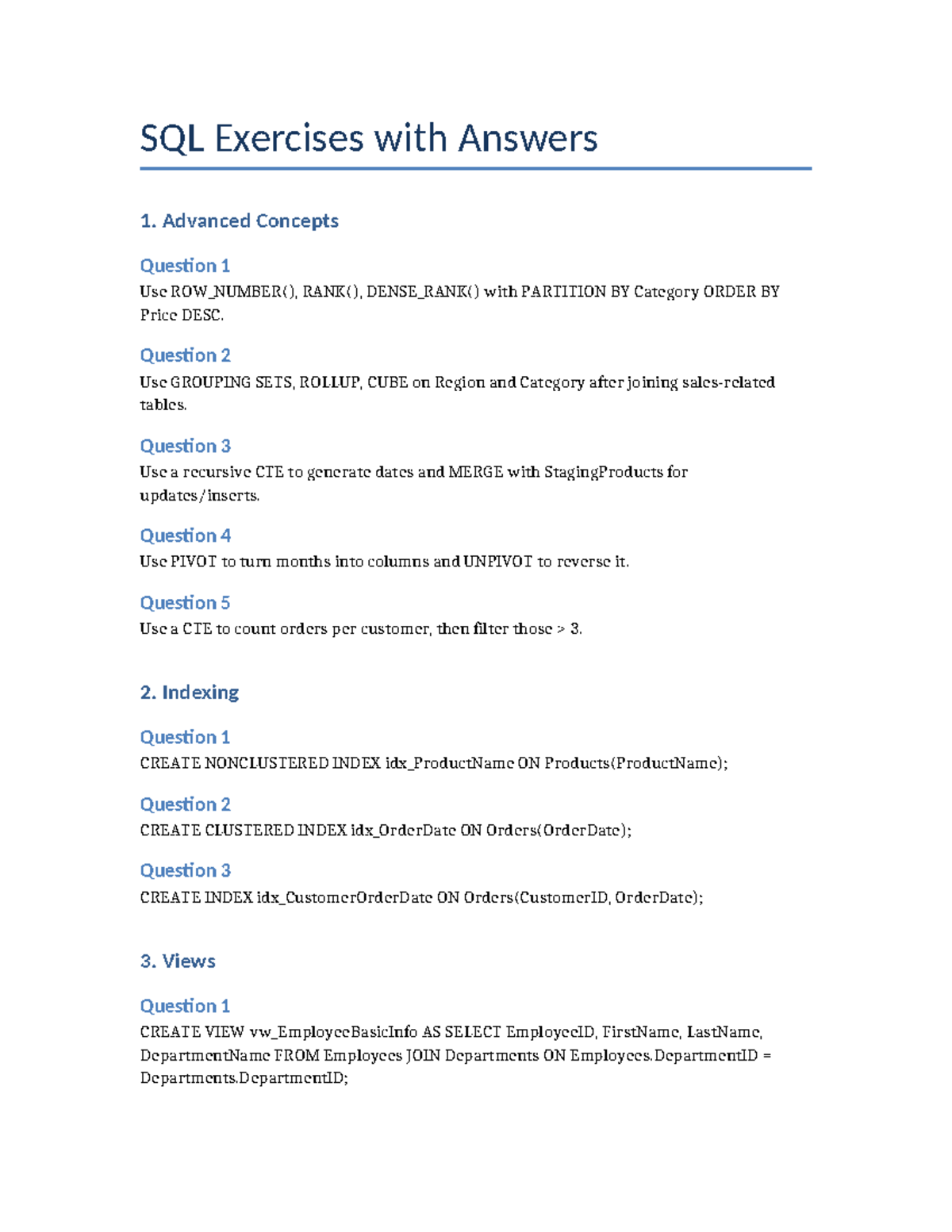 SQL Exercises with Answers: Advanced Concepts & More - Studocu