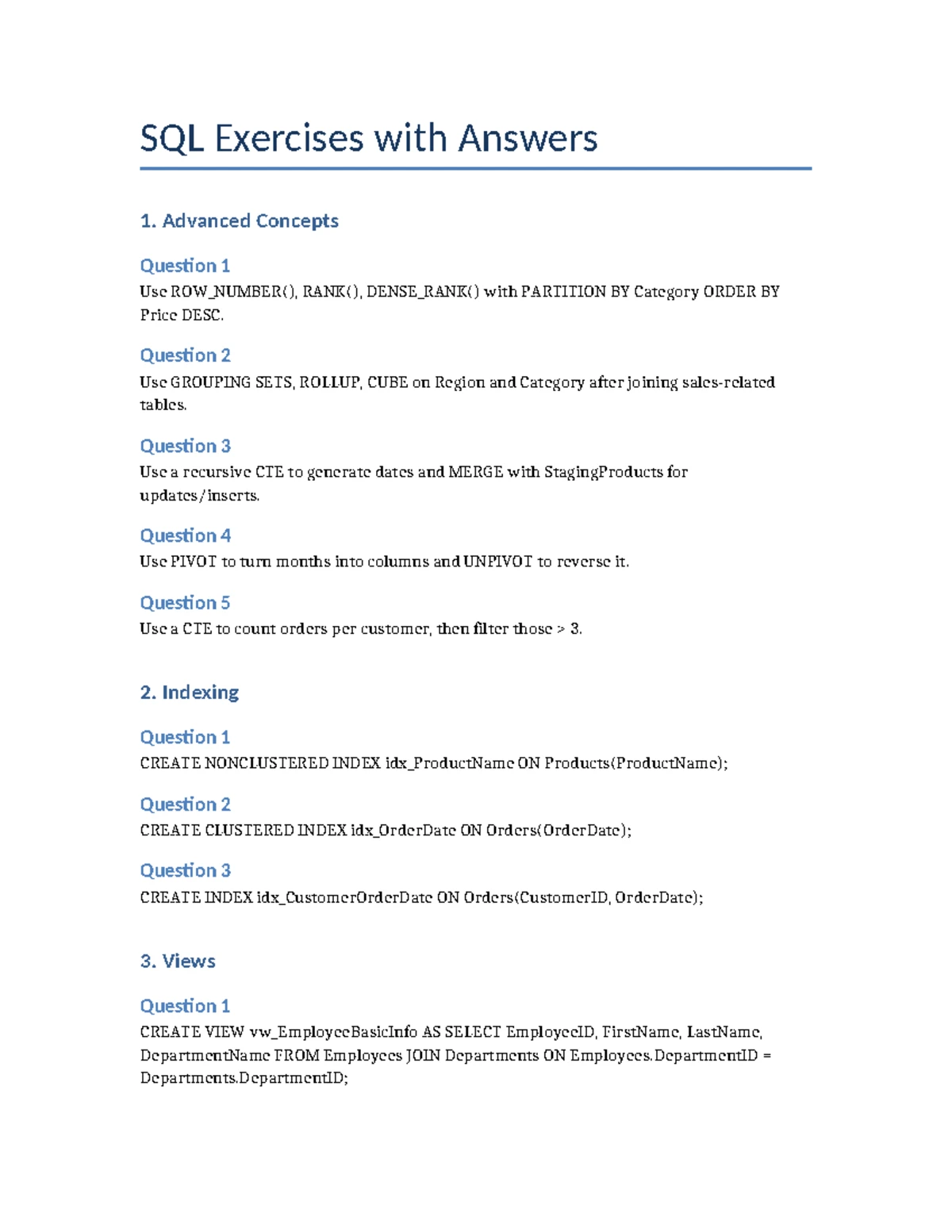 Advanced SQL Server 1: Exercises on Ranking, Indexing, and Views - Studocu