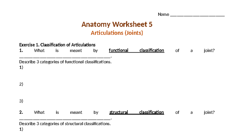 Anat Wkst 5: Articulations & Joint Classifications Exercise - Studocu