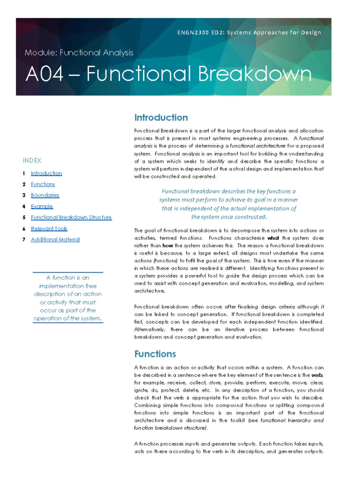 ENGN2300 ED2: A04 Functional Breakdown in Systems Design Analysis - Studocu