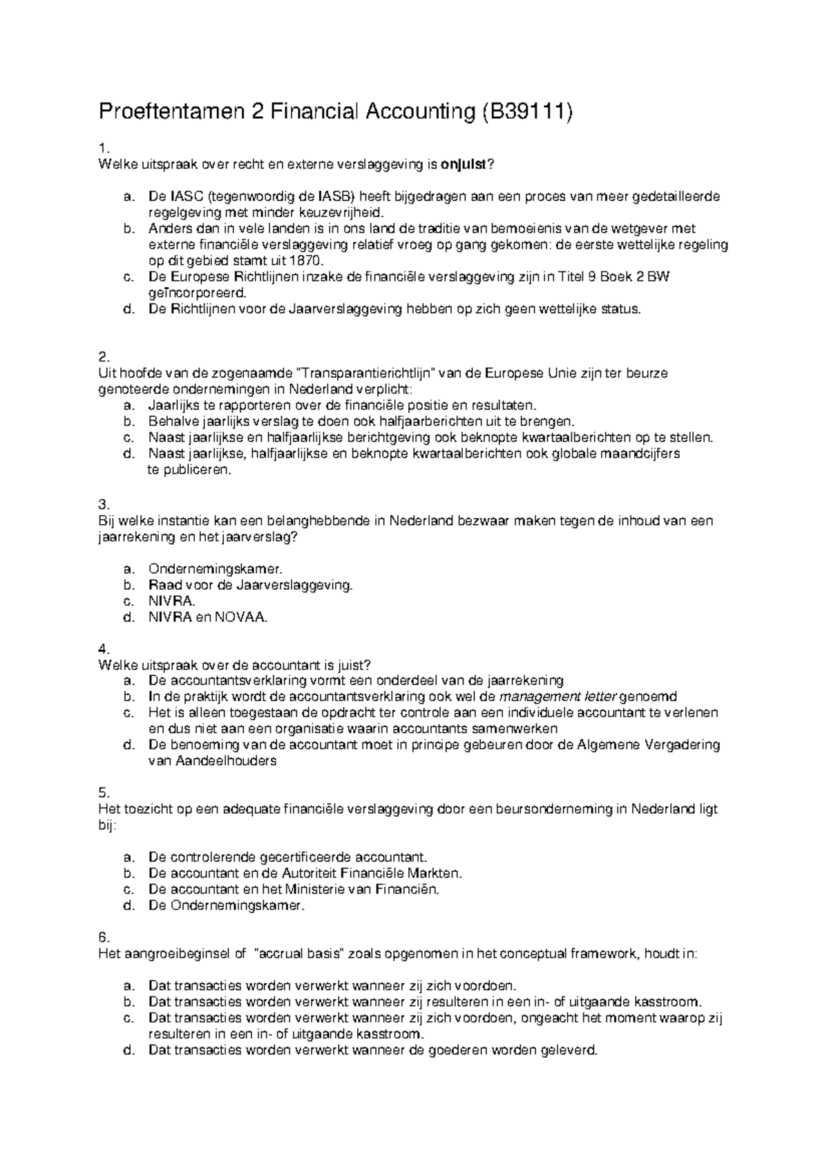 Proef tentamen 2016 Financial Accounting: Vragen en Antwoorden ...