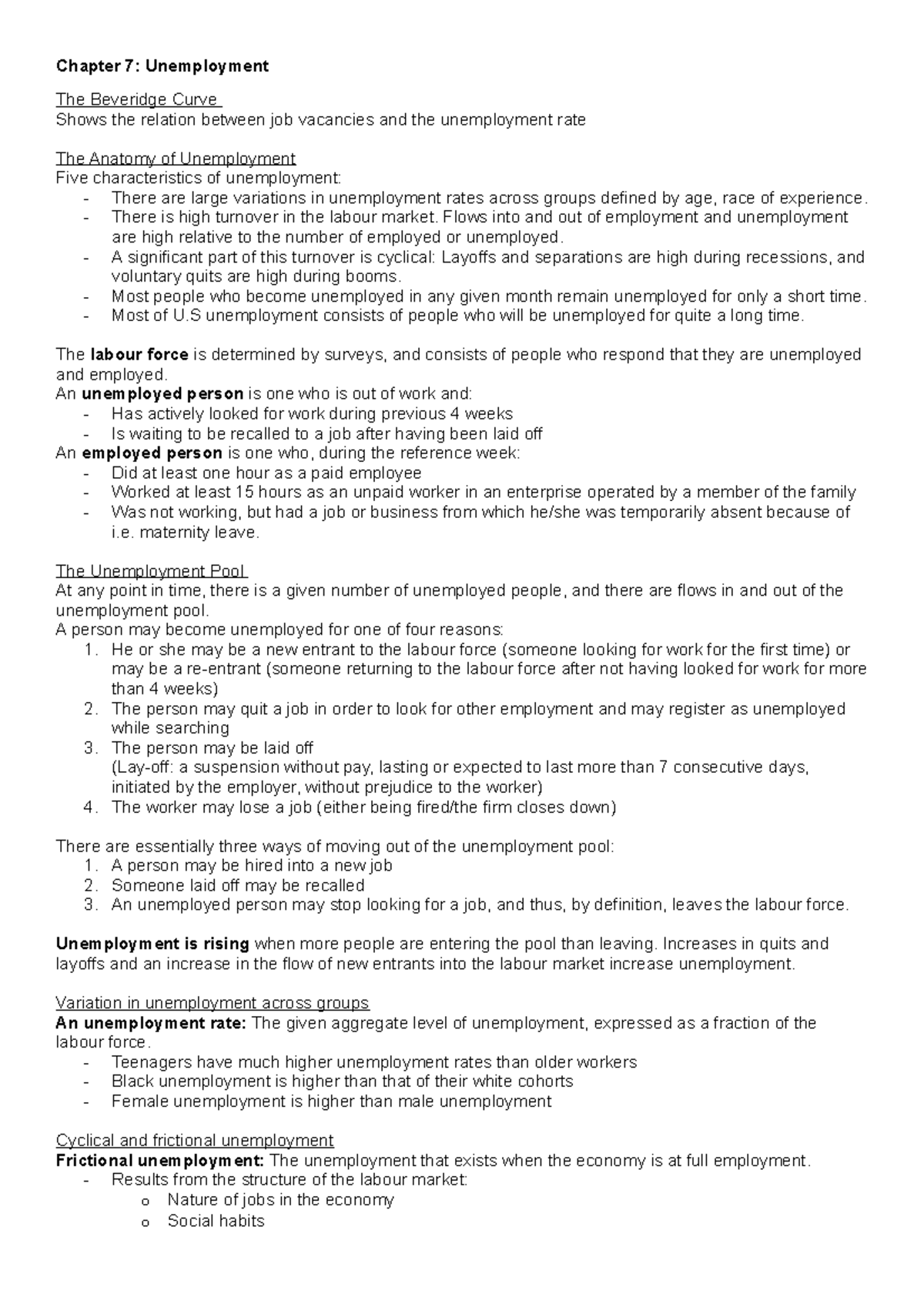 Chapter 7 - Summary of Unemployment in Economics: Key Concepts - Studocu