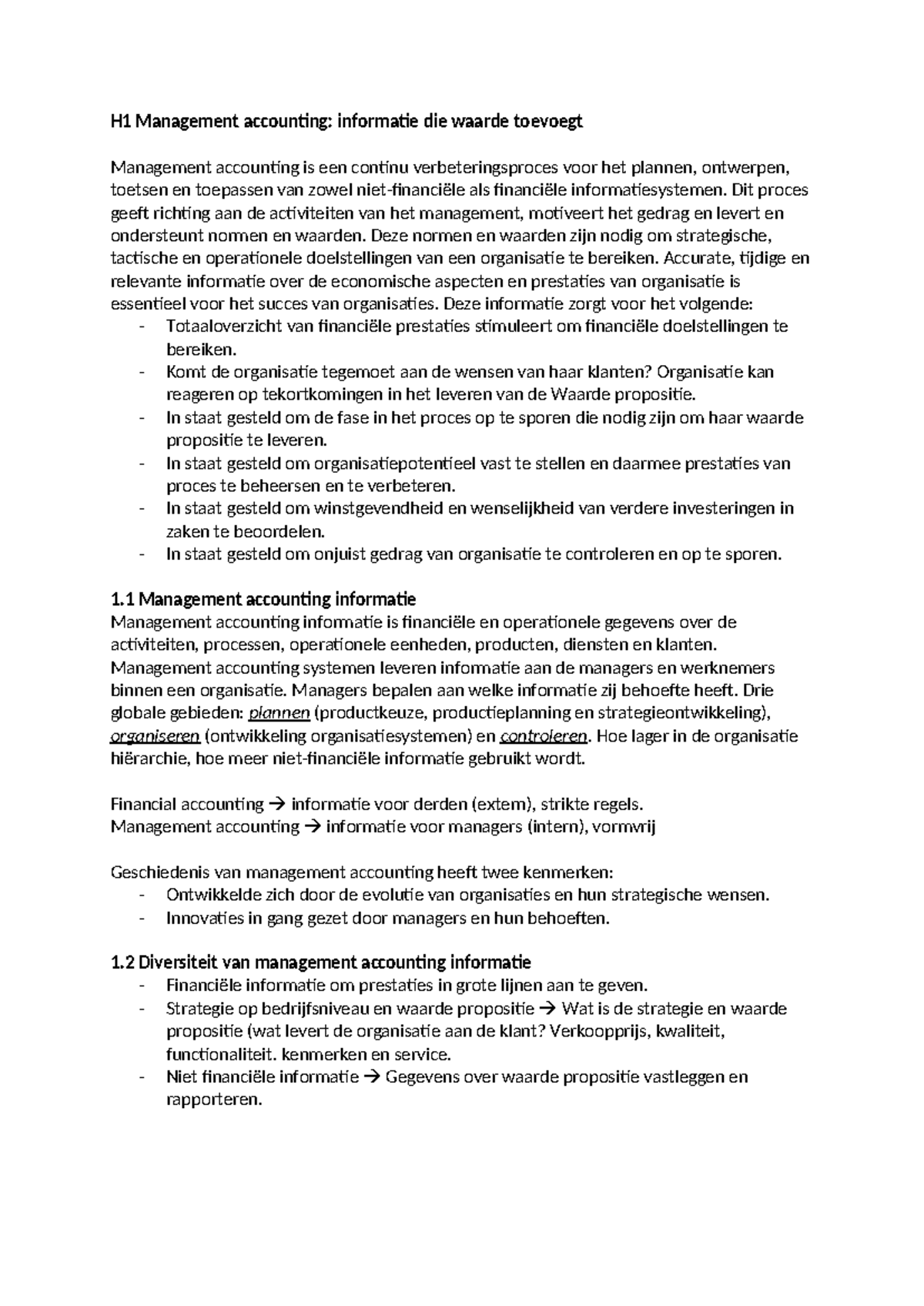 Management accounting H1: Informatie die waarde toevoegt en ...