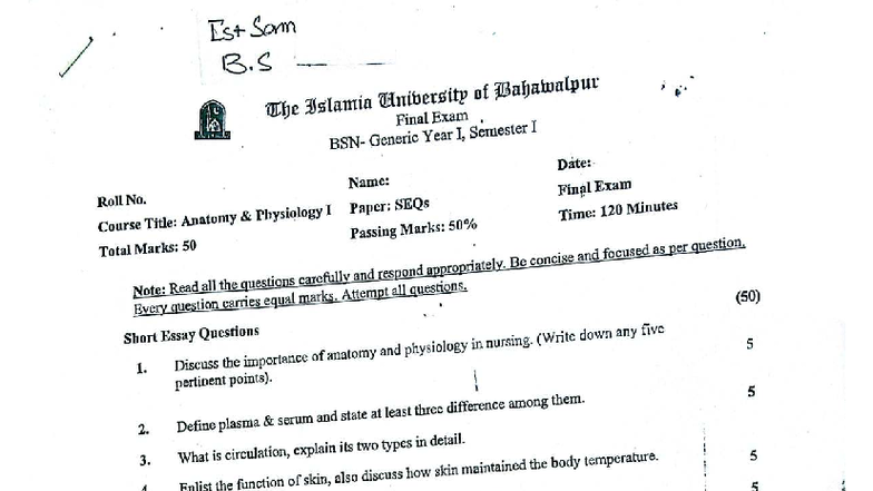 Past Papers for BS Nursing (CS) - Final Exam Review - Studocu