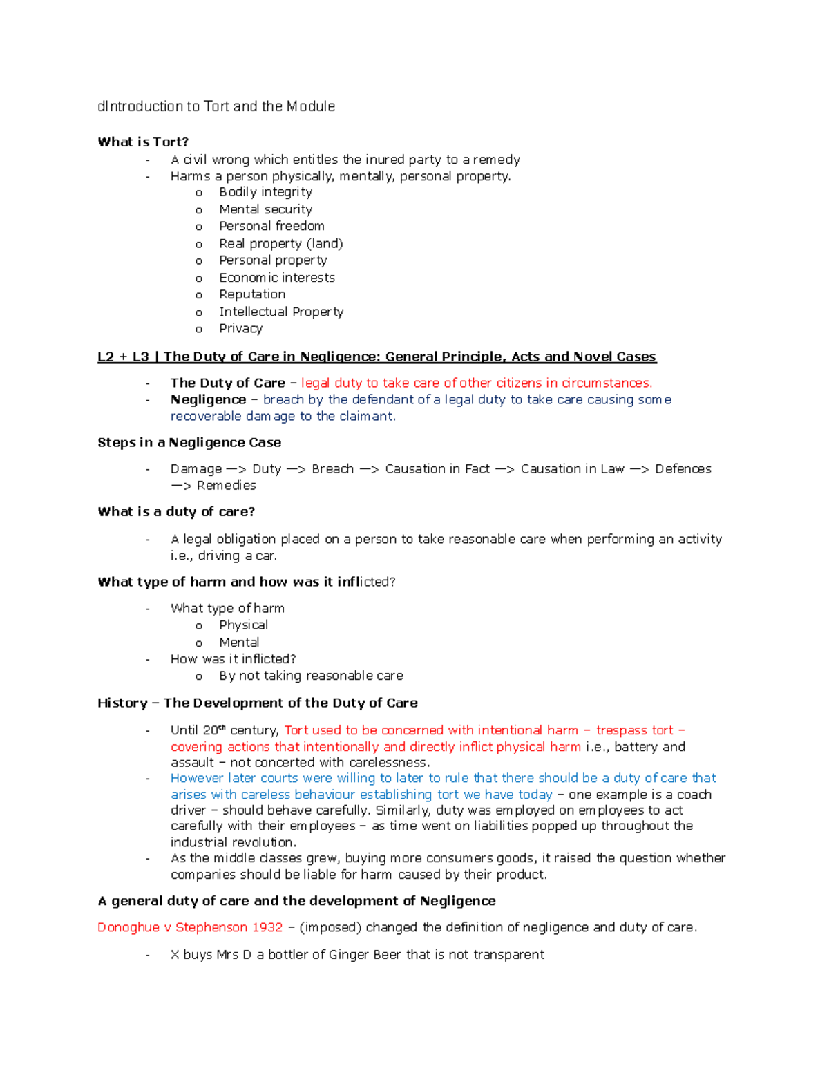 Tort Law Overview: Duty of Care and Negligence (TORT101) - Studocu