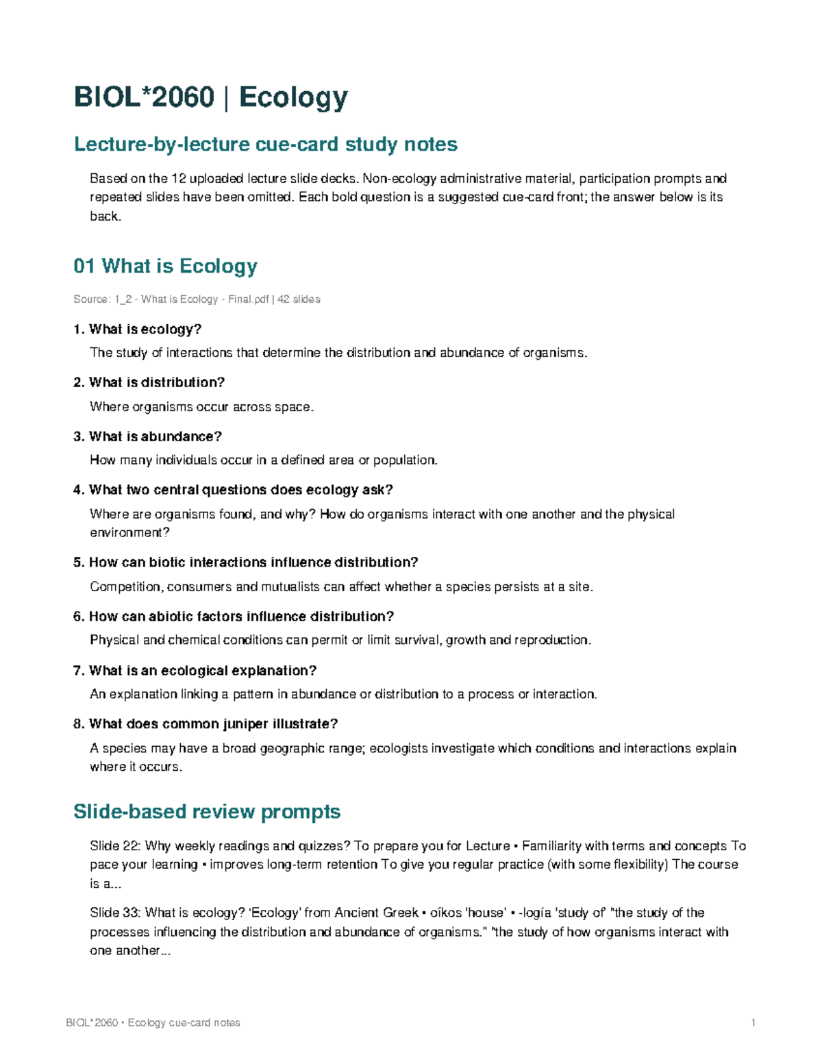 BIOL2060 Ecology Cue Card Notes: Key Concepts and Definitions - Studocu