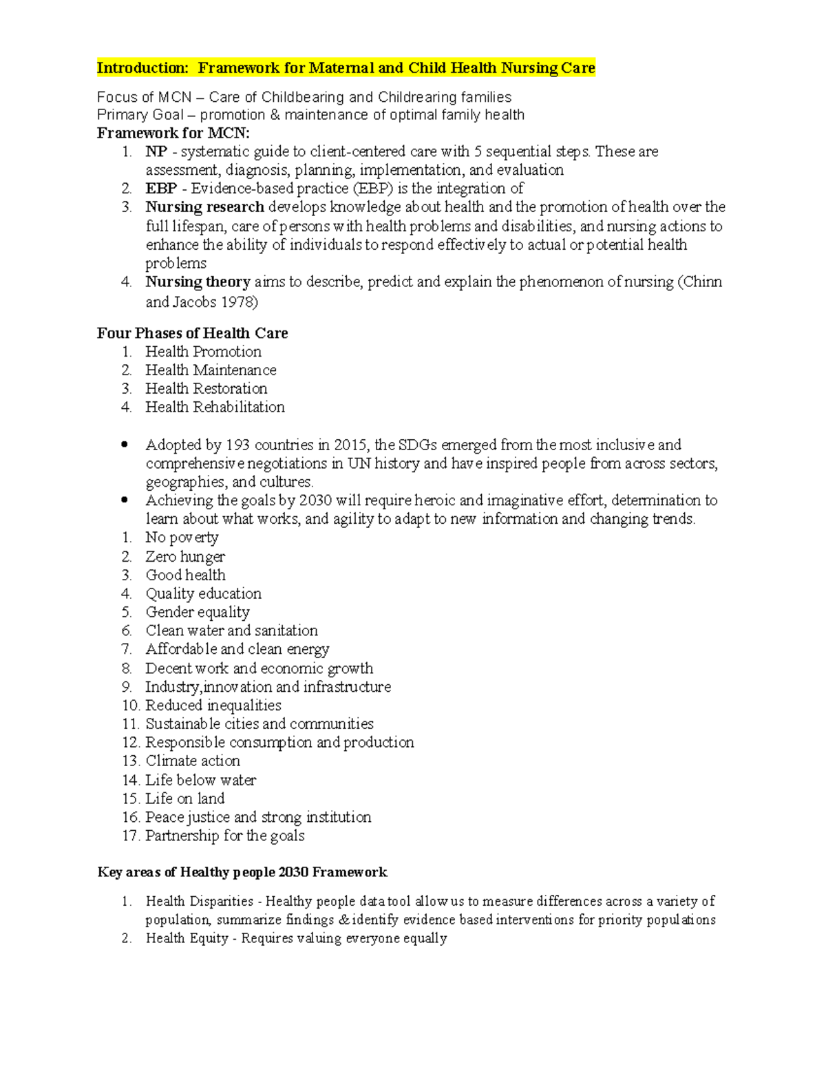 MCN 101 Lecture Notes: Maternal & Child Health Nursing Frameworks - Studocu