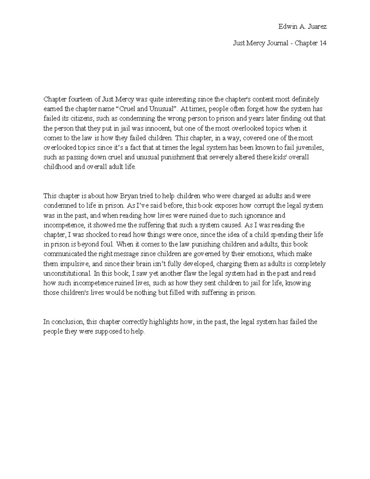 Just Mercy Journal Reflection - Chapter 11 Analysis - Studocu