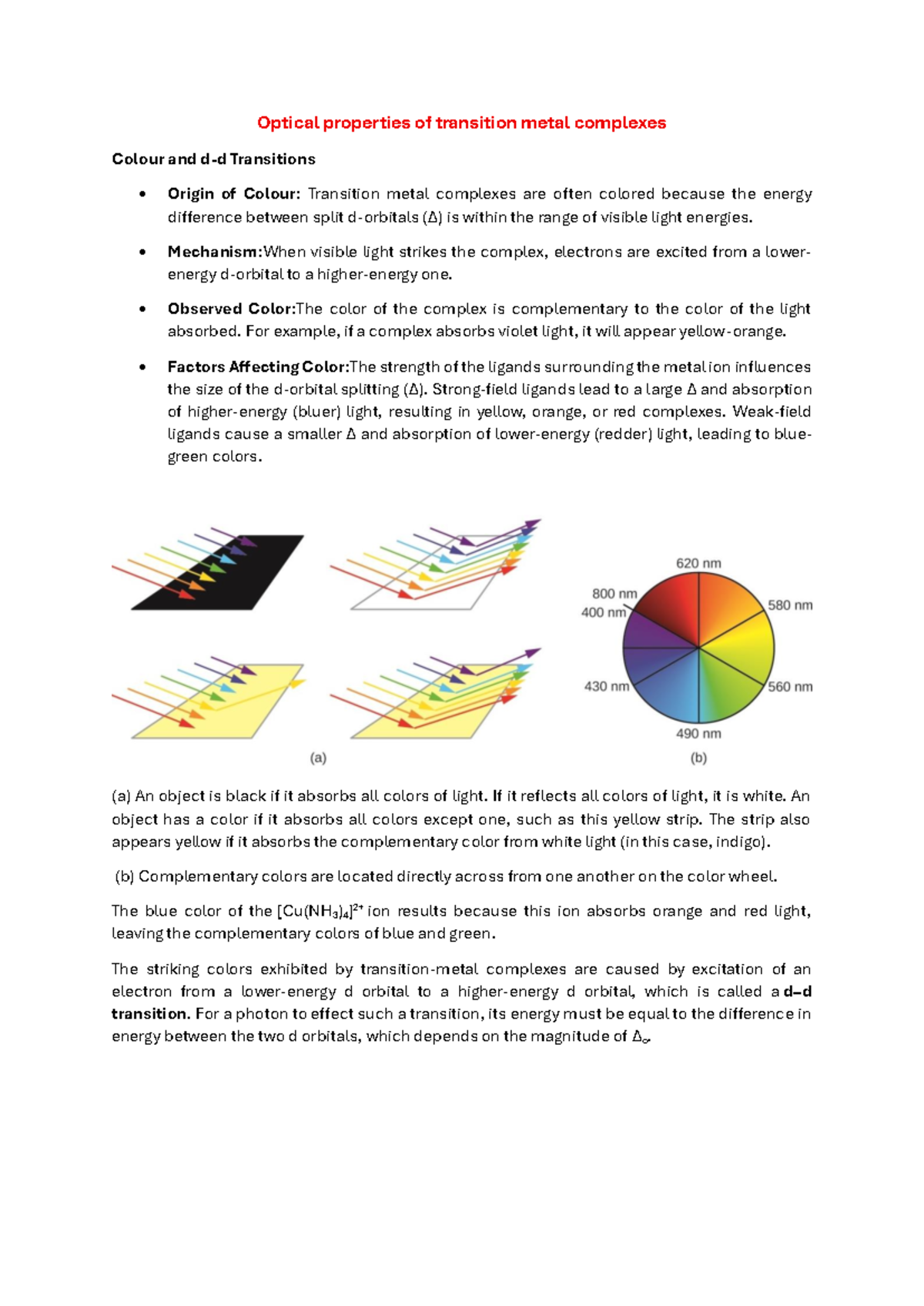 Optical Properties of Transition Metal Complexes: Color Mechanisms ...