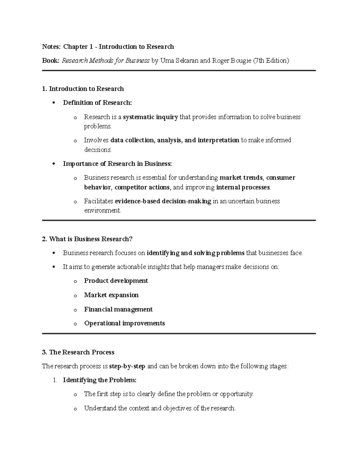 Notes: Chapter 1 introduction to research methods for business - Studocu