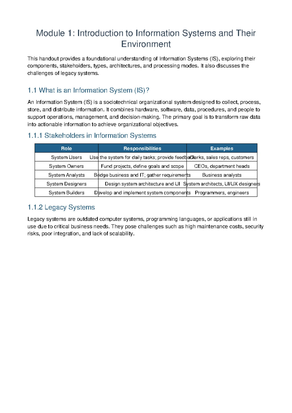 Module 1: Intro to IS & Legacy Systems Challenges (IS101) - Studocu