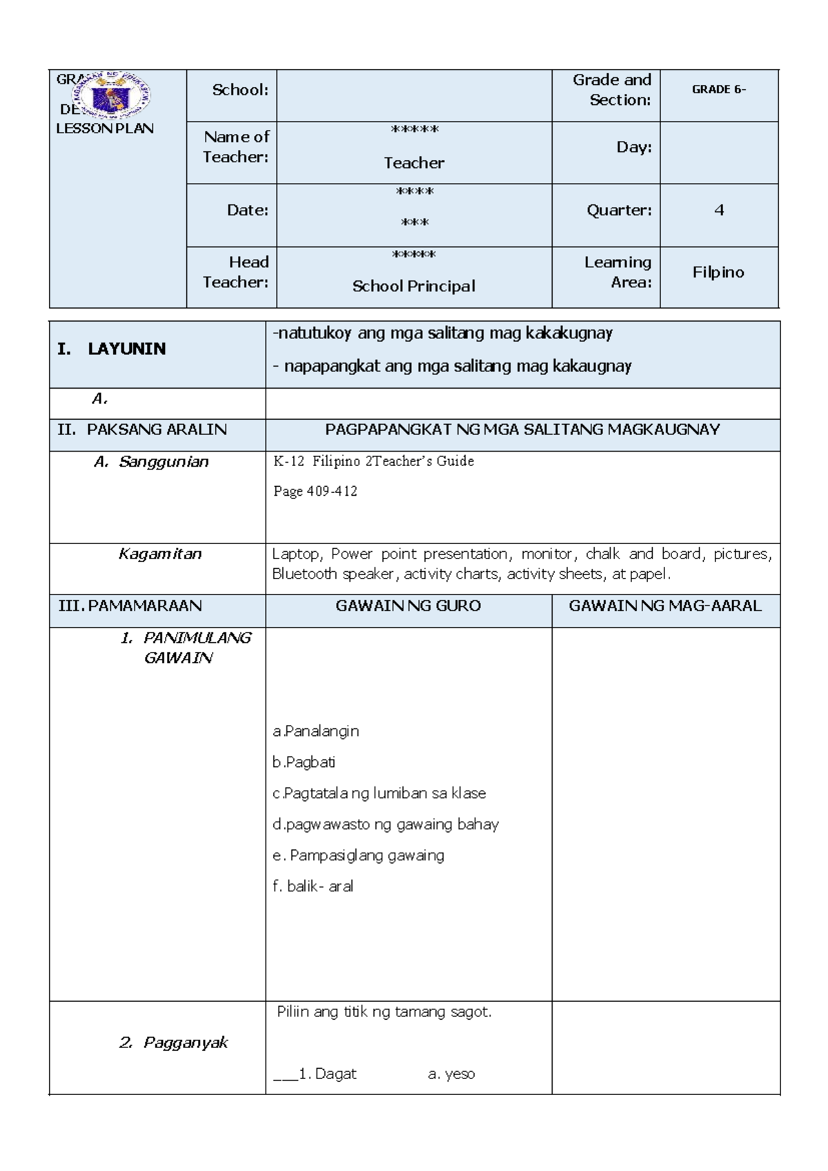 COT Q4 Filipino Detailed Lesson Plan for Grade 6 - Studocu