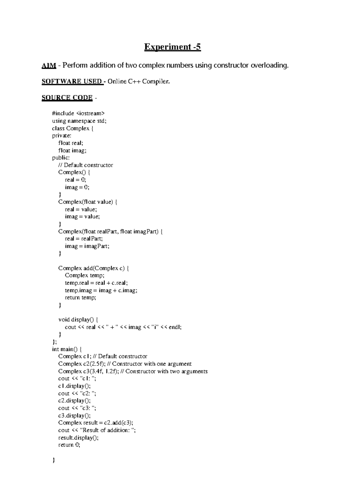 Ouput 4 cpp - Program - Experiment - 5 AIM - Perform addition of two ...