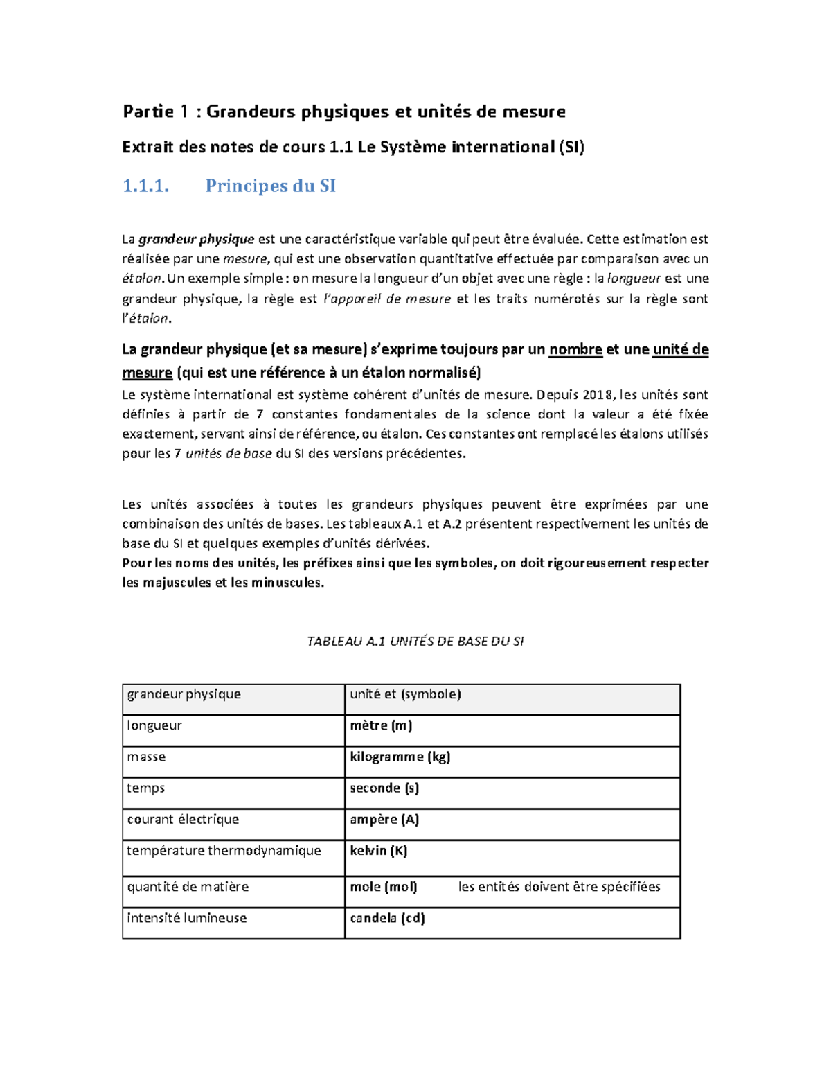 Notes de Cours : Grandeurs Physiques et Système International (SI ...