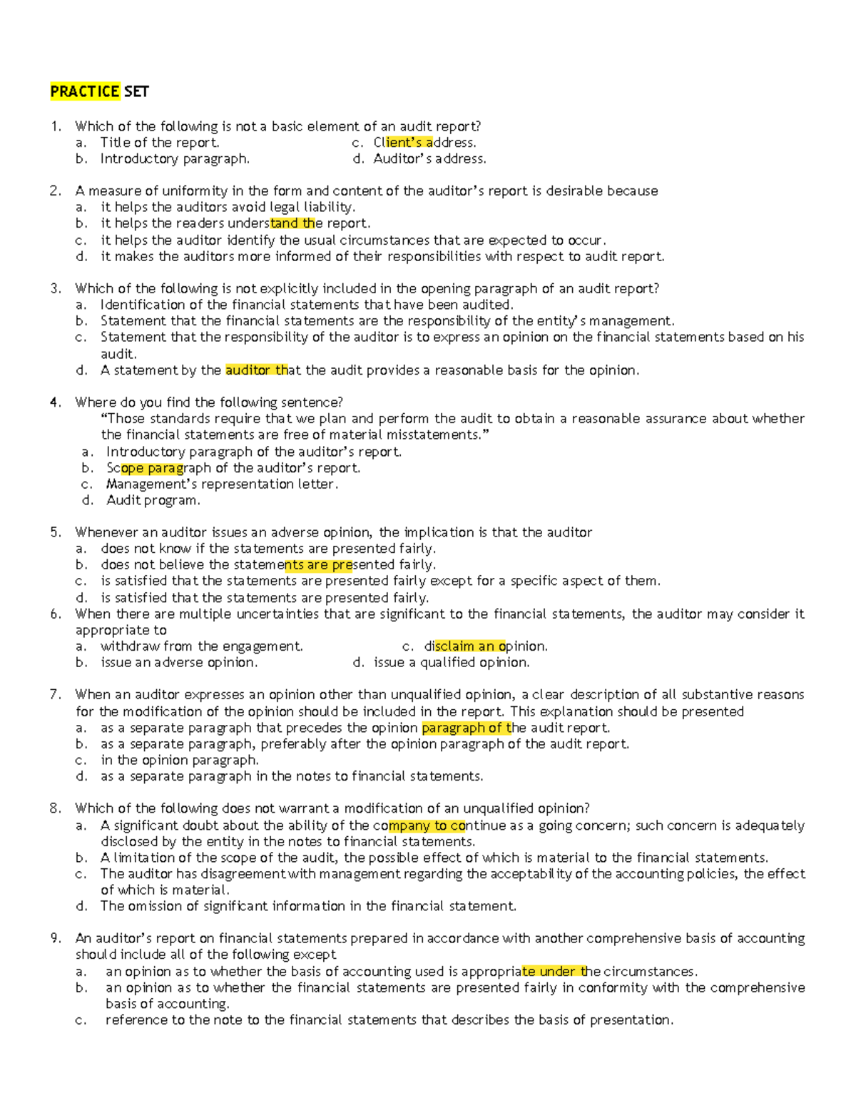 ACC 139 Final Exam Practice Set - Key Concepts in Audit Reports - Document Preview