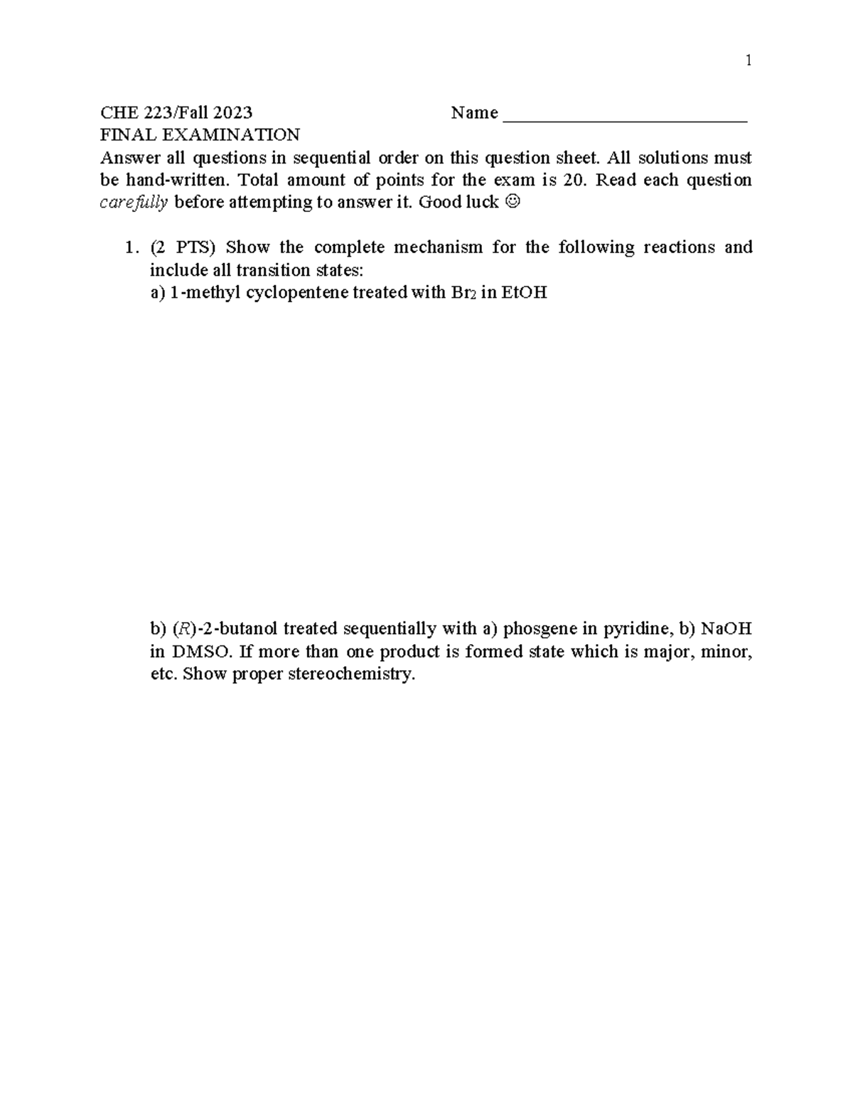 CHE 223/Fall 2023 Final Exam Review and Question Guide - Studocu