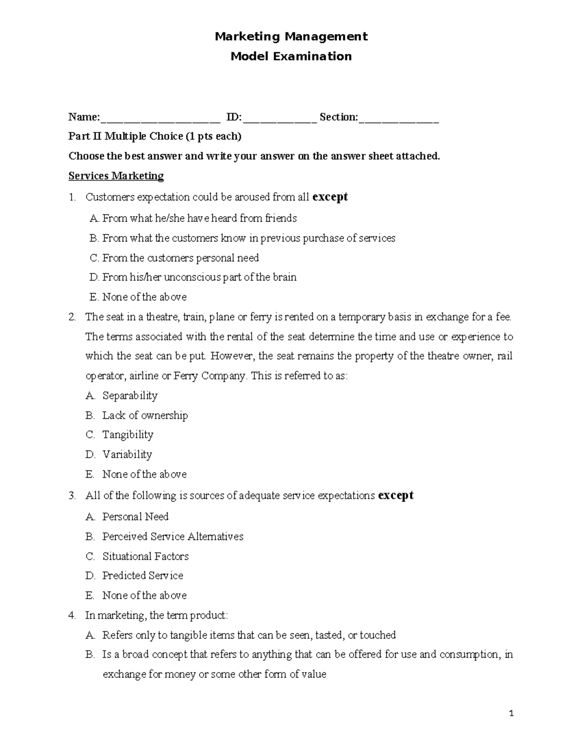 Marketing Management Model Exam Part II: Multiple Choice Questions ...