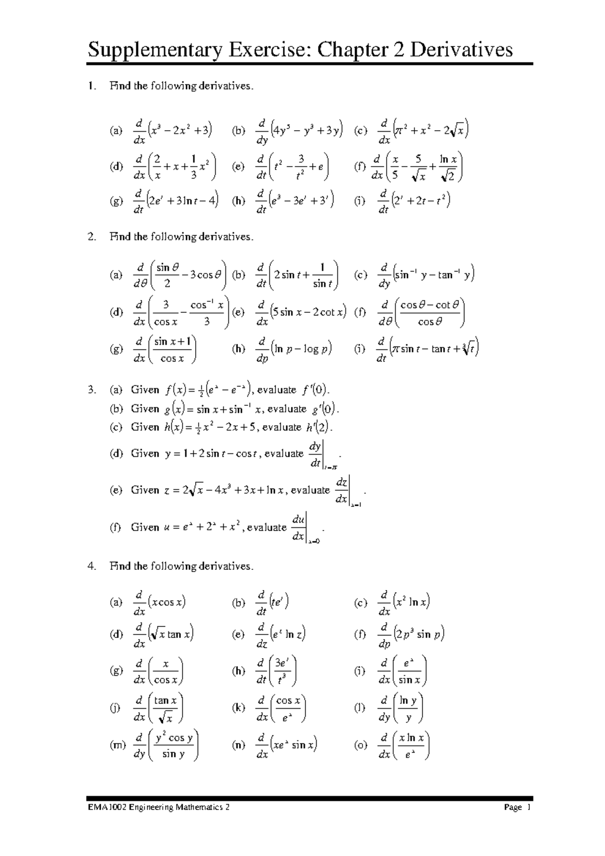 EMA1002 Supplementary Exercise: Chapter 2 Derivatives - Studocu