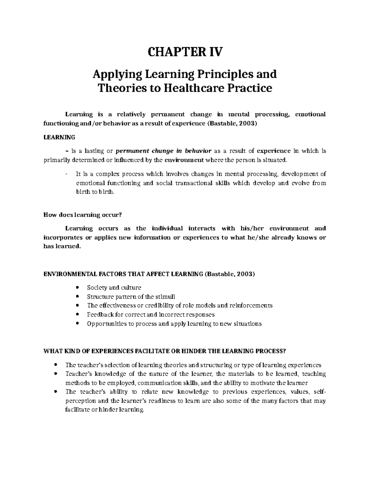 CHAPTER IV Lecture Notes: Learning Principles & Theories in Healthcare ...