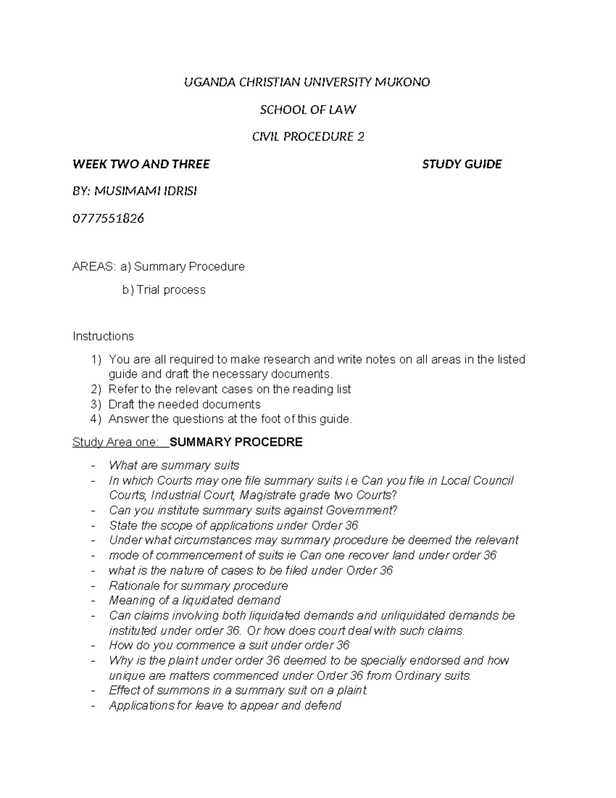 Civil Procedure 2 Study Guide: Summary Procedure & Trial Process - Studocu
