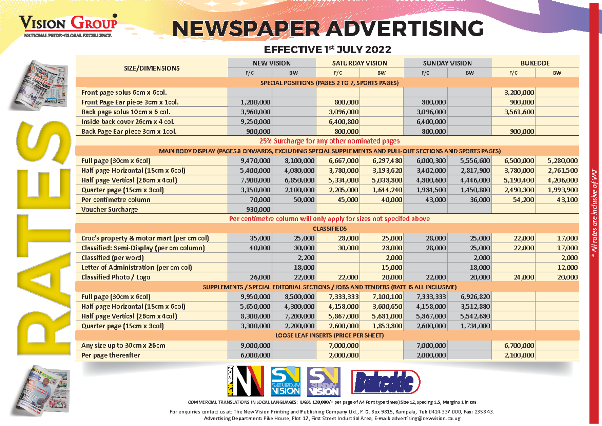 2022 New Vision Advertising Rate Card (Effective July 1, 2022) - Studocu