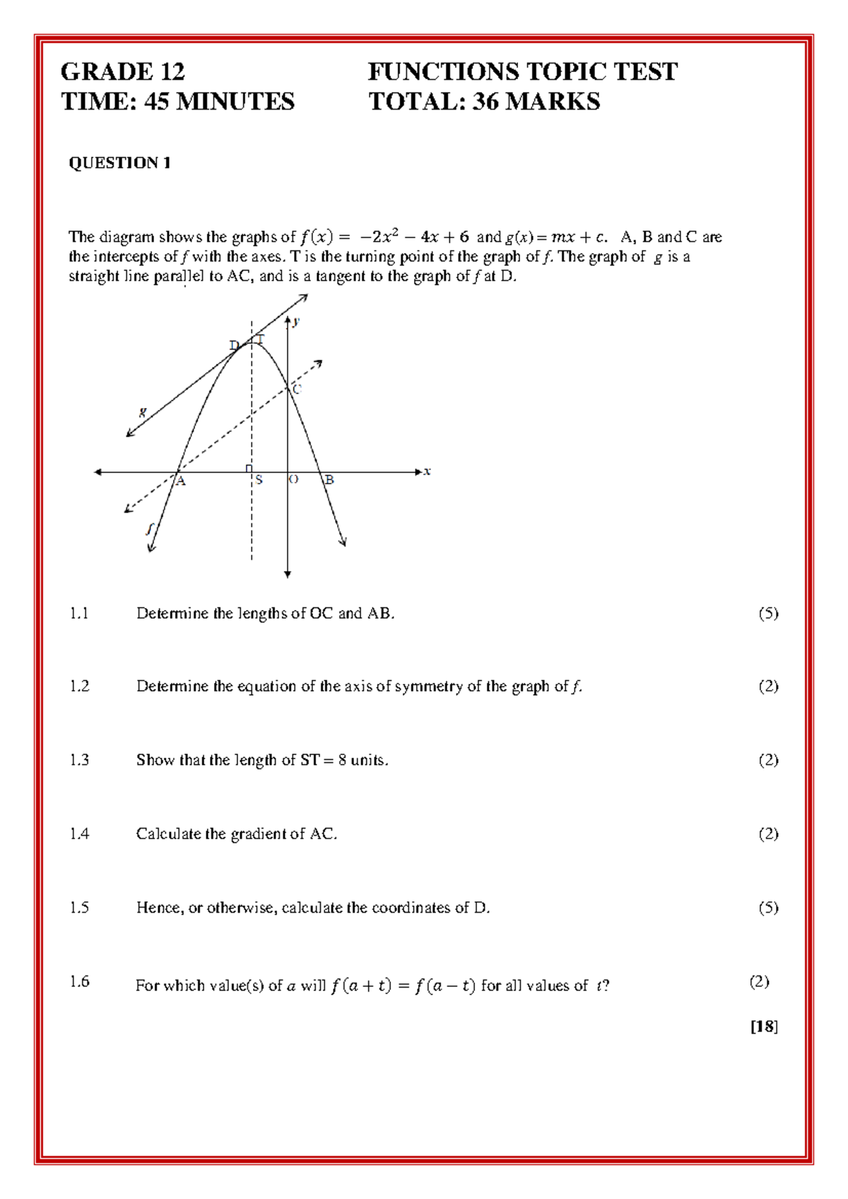 MSI Functions Topic Test 2: Grade 12, 45 Min, 36 Marks - Studocu