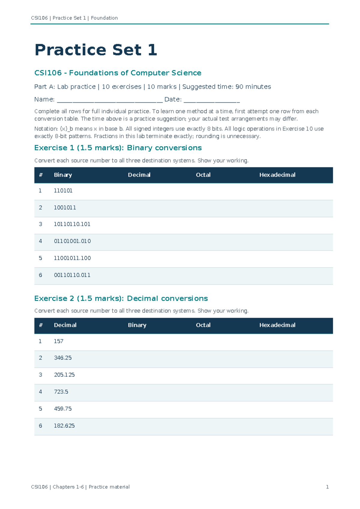 CSI106 Practice Set 1: Foundations of Computer Science Exercises - Studocu