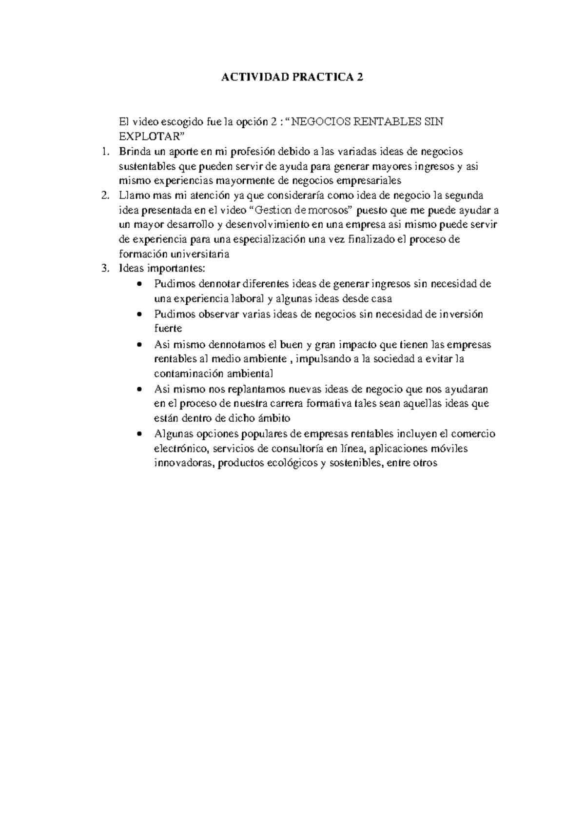 Actividad Práctica 2: Ideas de Negocios Rentables y Sostenibles - Studocu