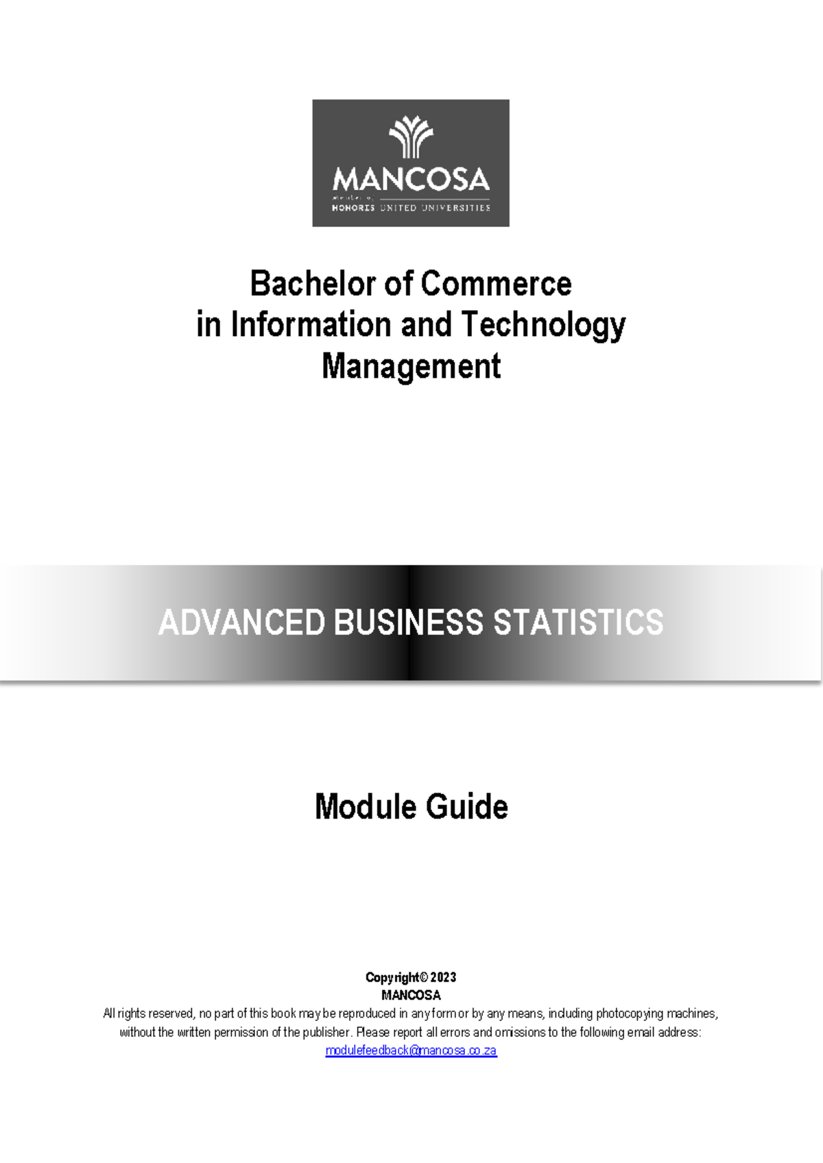 Advanced Business Statistics Module Guide 2023 - MANCOSA - Studocu