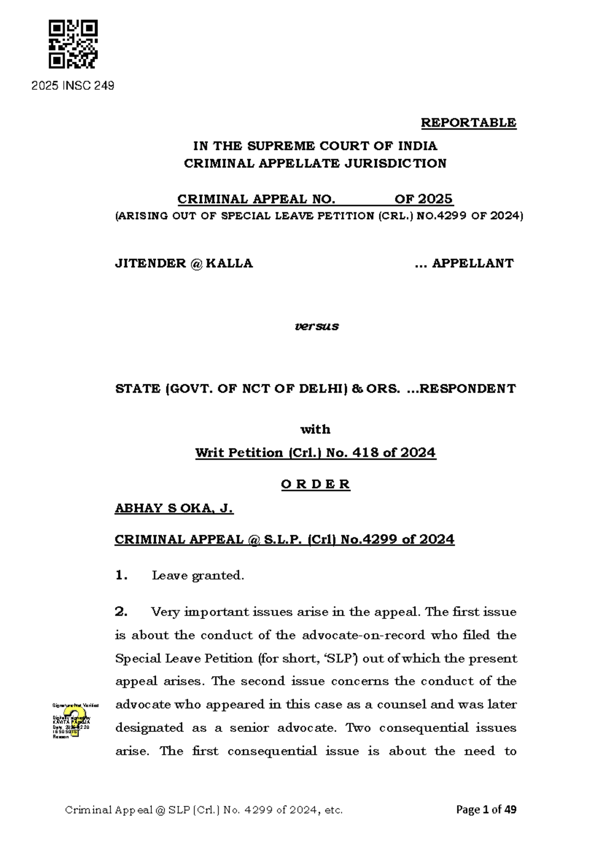 2025 INSC 249 Criminal Appeal SLP (Crl.) No. 4299 of Jitender Kalla vs ...