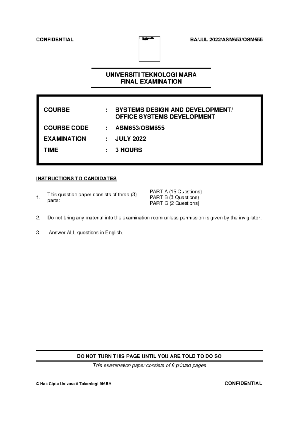 ASM653 FINAL EXAMINATION QUESTIONS - JULY 2022 - Systems Design - Studocu