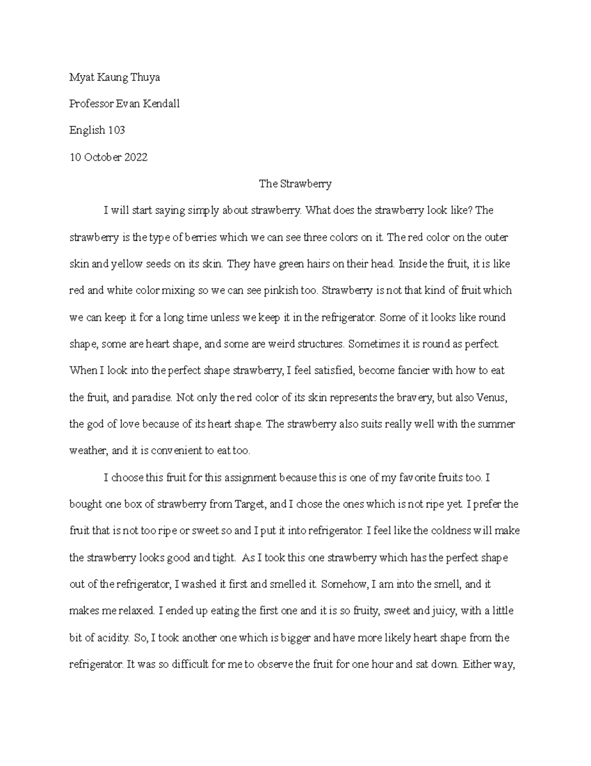 Strawberry Observation Essay - English 103 by Myat Kaung Thuya - Studocu