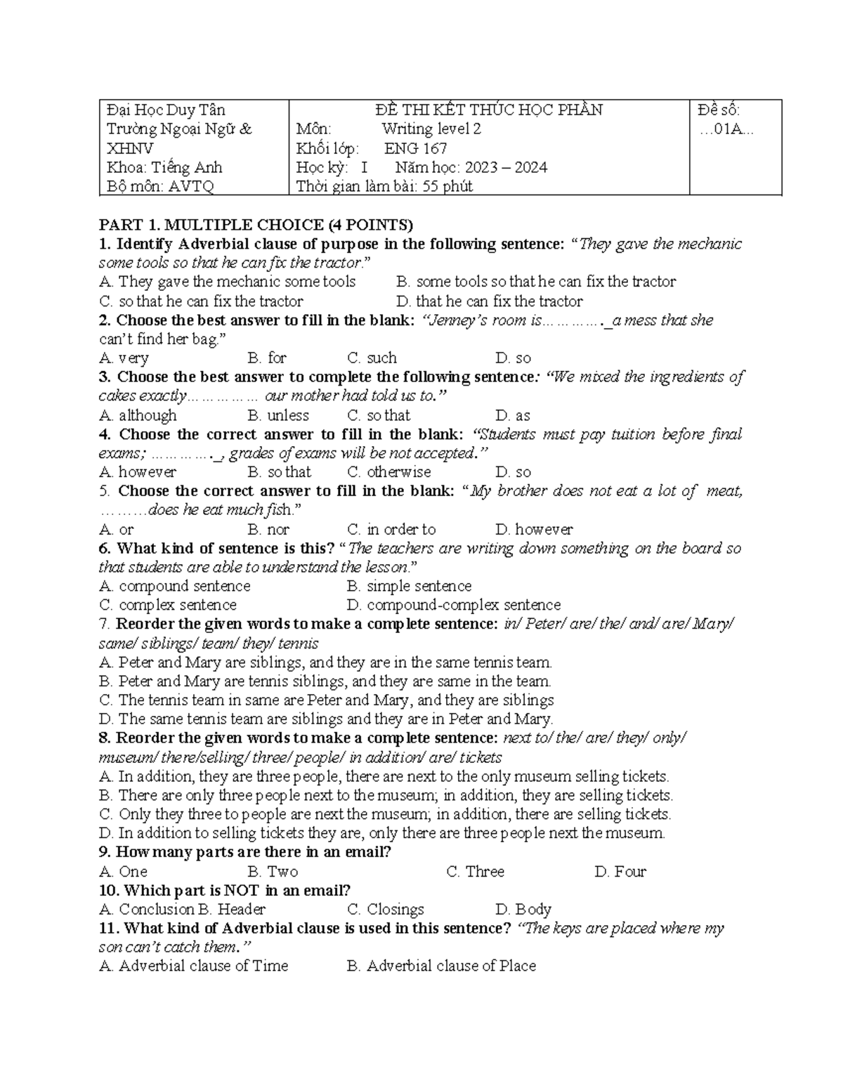 ENG 167 Final Exam: Writing Level 2 – Question Paper and Essay Tasks ...