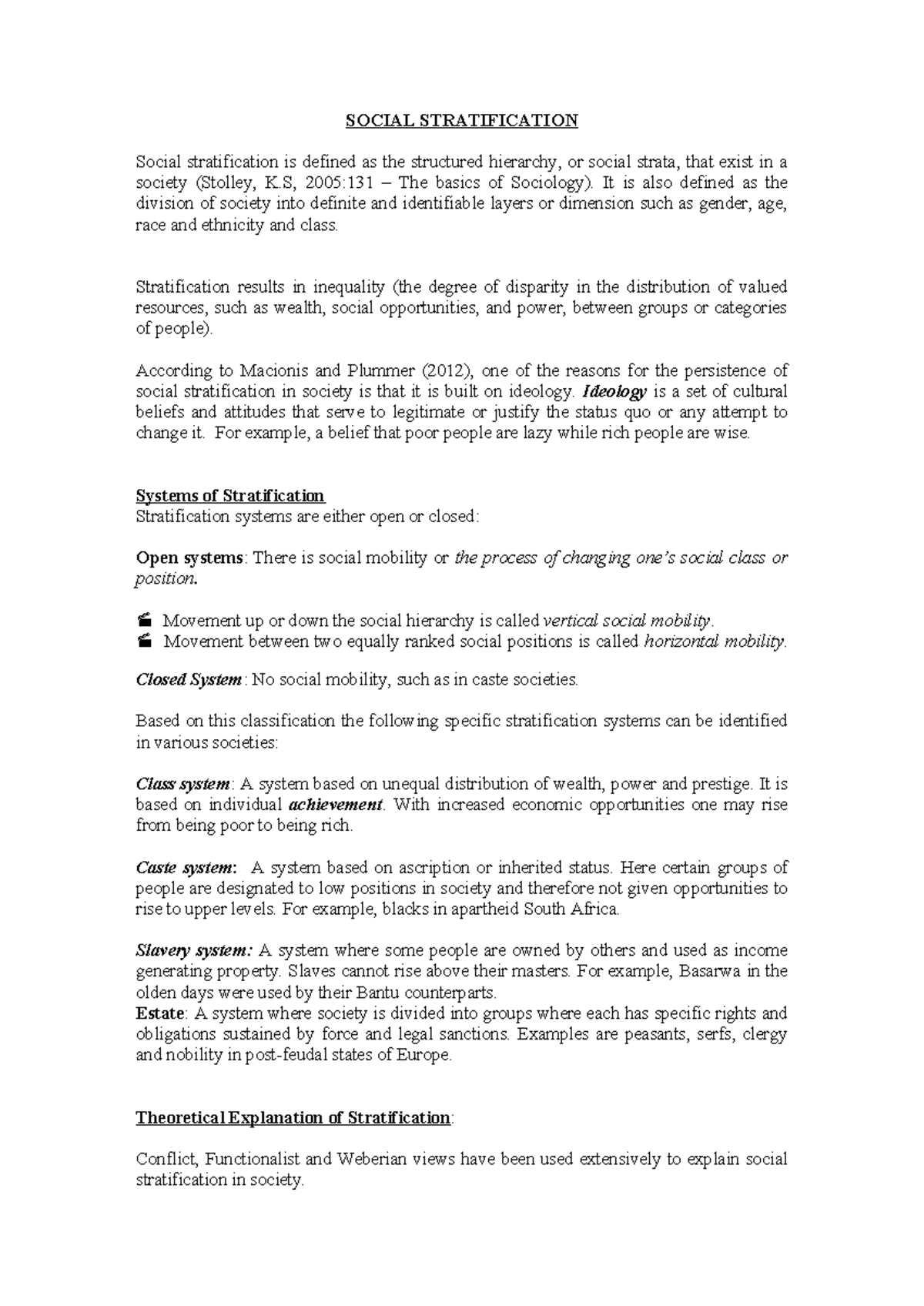 SOC 101 - Lecture Notes on Social Stratification Concepts and Theories ...