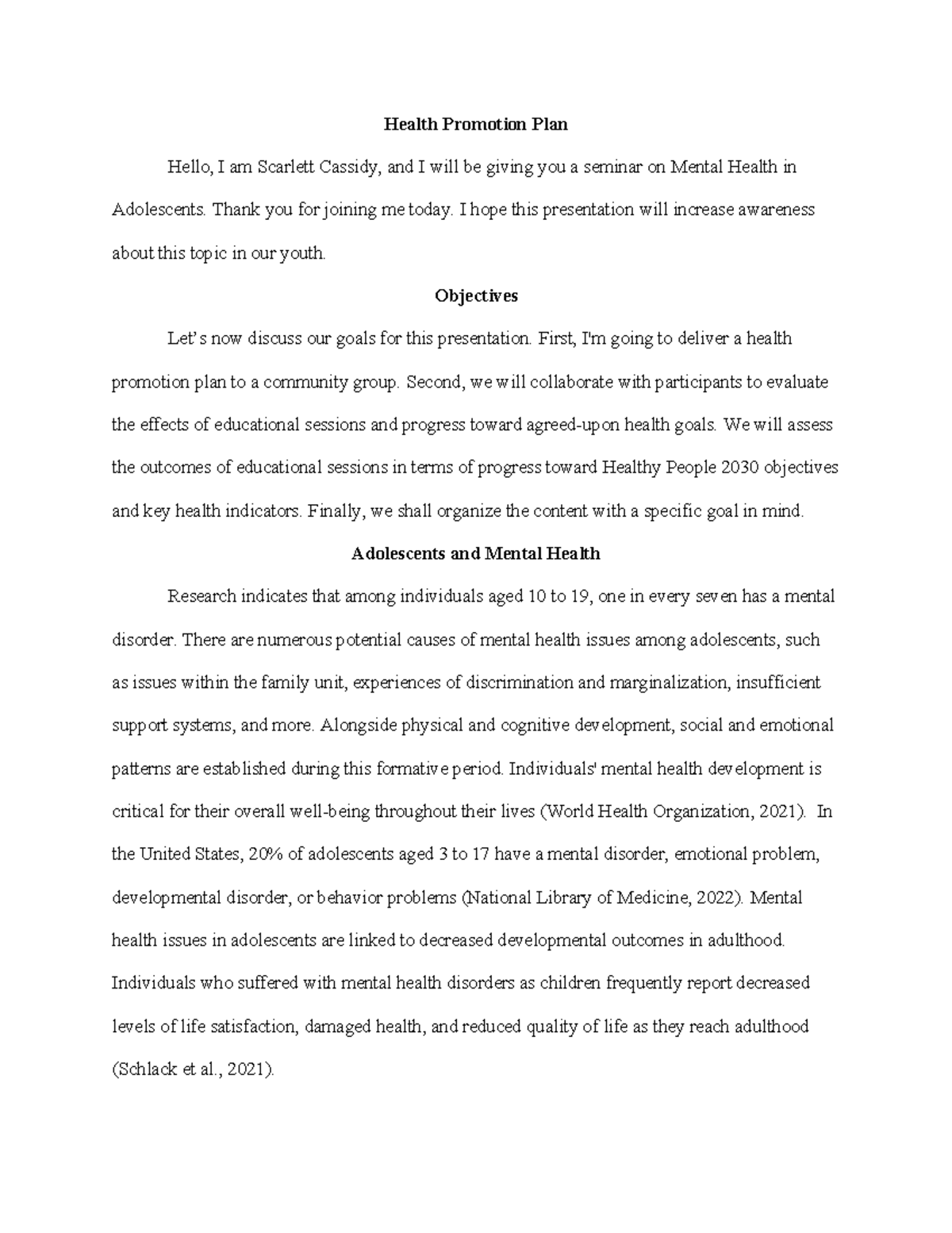 Health Promotion Plan: Mental Health in Adolescents (Assignment 4 ...