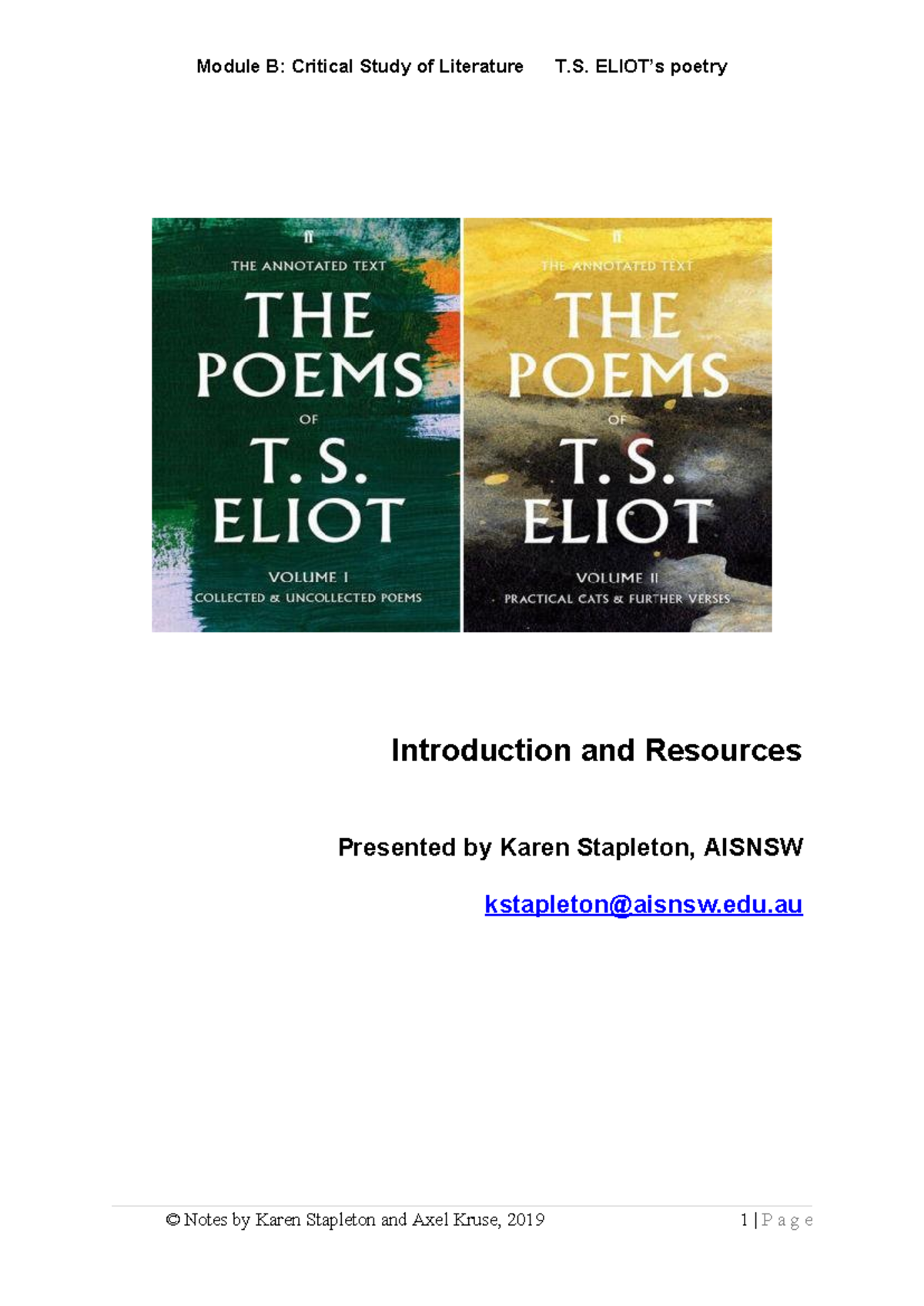 Intro notes Eliot 2019 - Introduction and Resources Presented by Karen ...