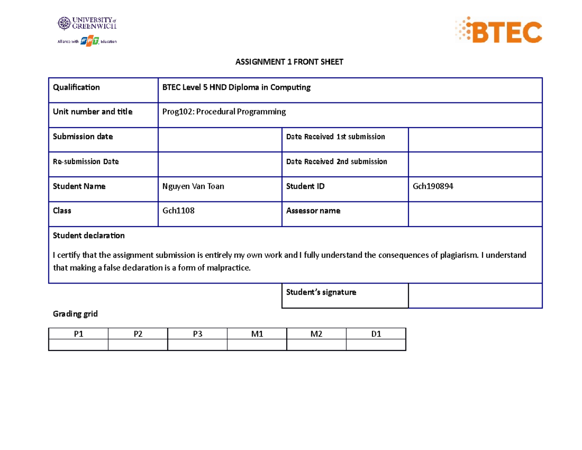 Prog102 - Assignment 1: Front Sheet for Procedural Programming - Studocu