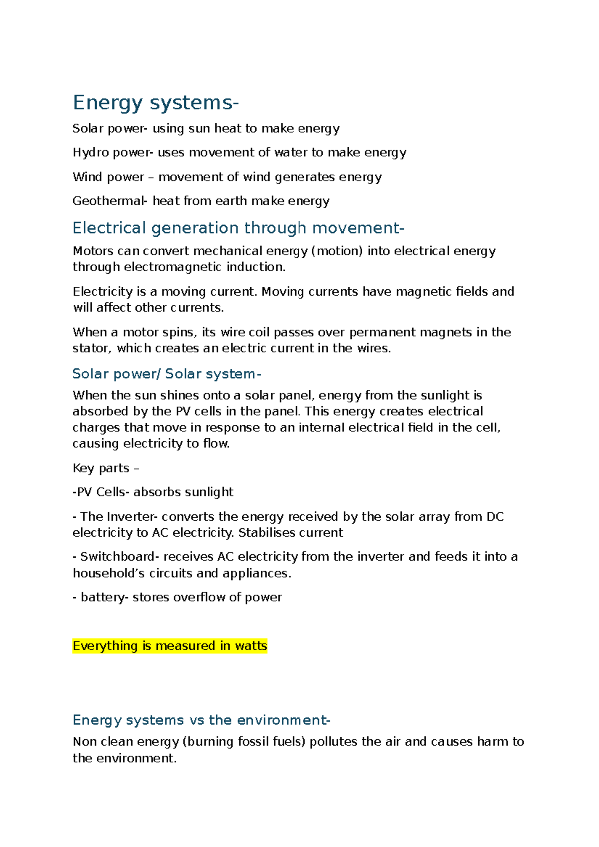 Energy Systems Notes: STEM YR 10 - Solar, Hydro, and Wind Power - Studocu