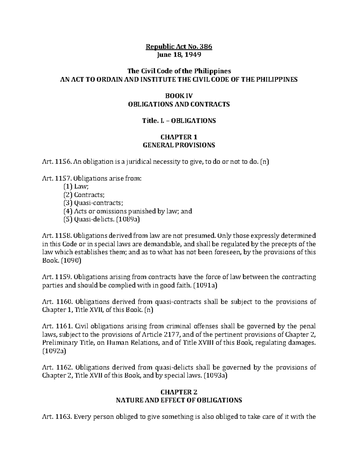 Obligations & Contracts in the Civil Code of the Philippines (Law 386 ...