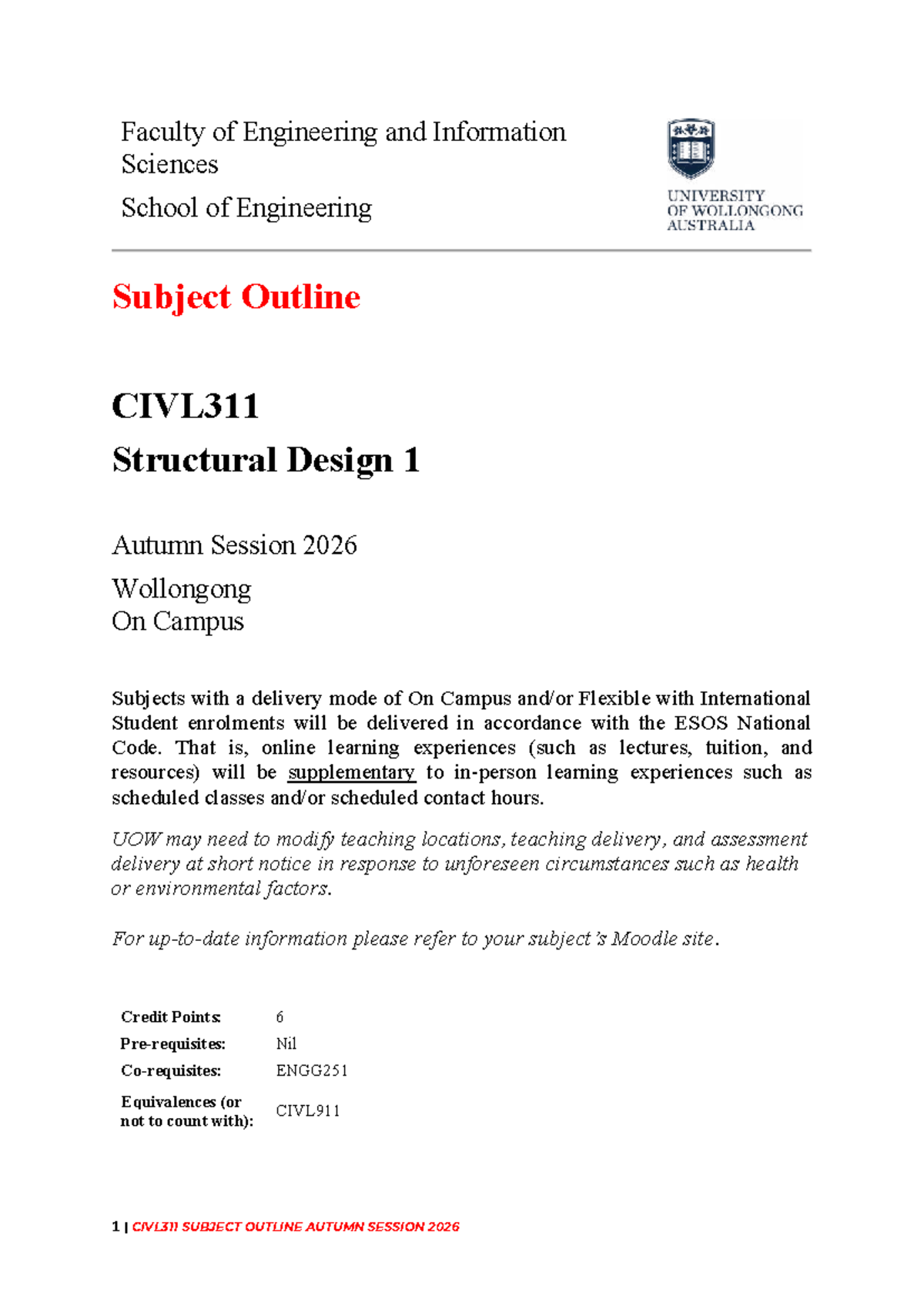 CIVL311 Structural Design 1 Subject Outline - Autumn 2026 - Studocu