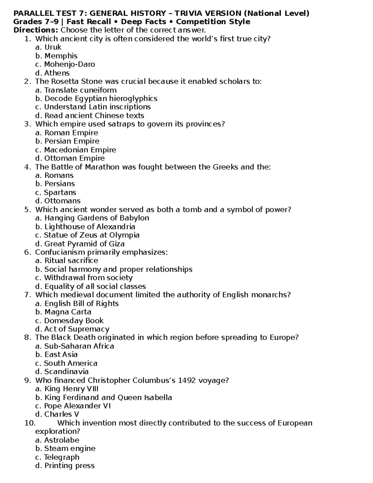 Parallel Test 7 NSST: General History Trivia MCQs - Studocu