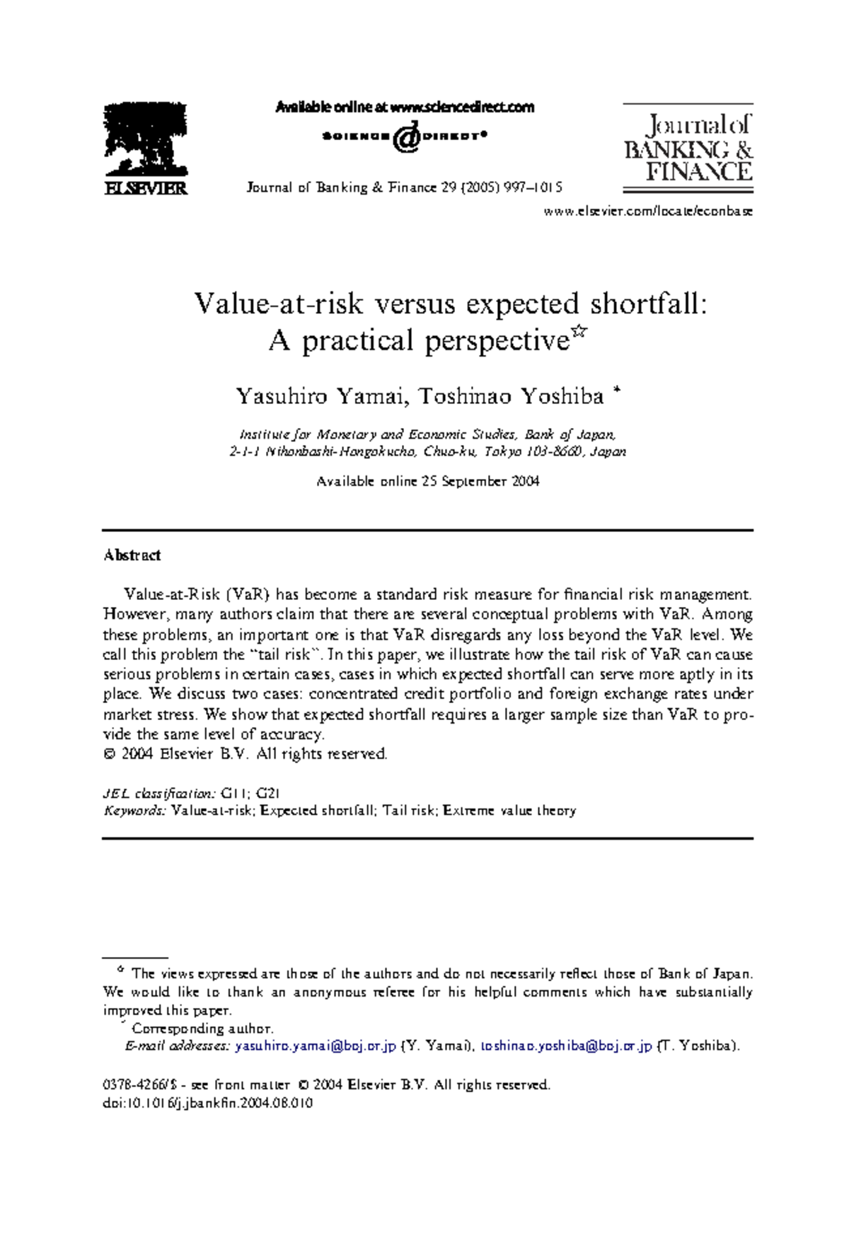 Value at Risk (VaR) vs. Expected Shortfall: A Practical Study - Studocu