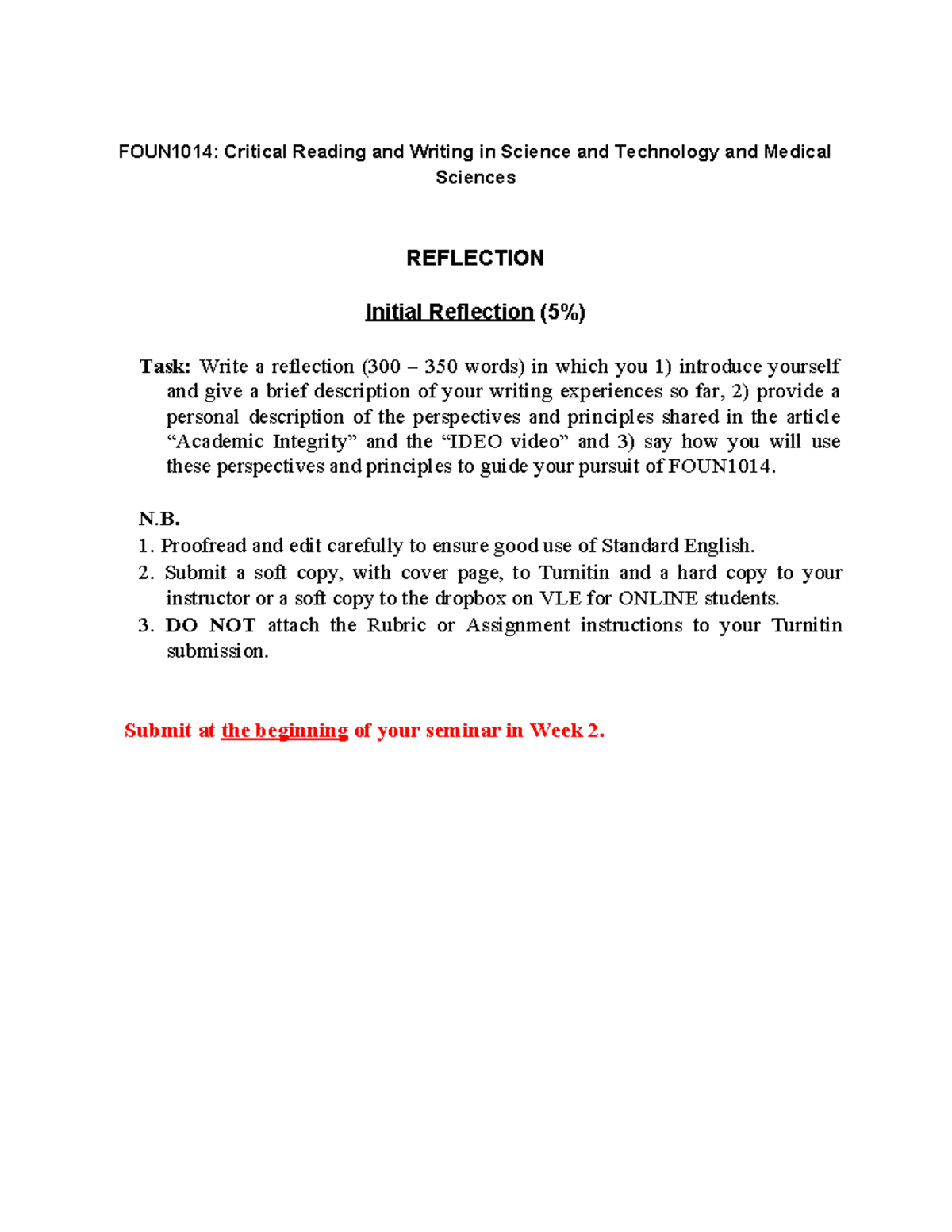 FOUN1014: Initial Reflection on Writing in Science & Tech - Studocu