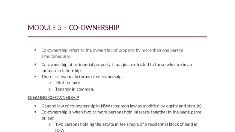 WEEK 5 - Co-Ownership of Property: Joint Tenancy vs Tenancy in Common ...